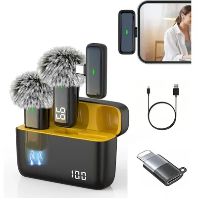 Produktbild von Kabelloses Lavalier-Mikrofon - 2-in-1 - Kondensatormikrofon - Geräuschunterdrückung - Ladeetui - Schwarz