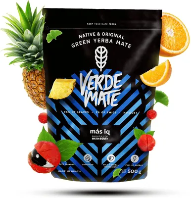 Produktbild von Verde Mate - Mate Tee Más IQ 500g - Dicke Blätter 5 mm Luftgetrocknet - Rauchfrei - Mit Ginseng, Ginkgo - Natürliche Kraft - Yerba Mate Brasilien