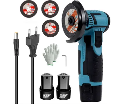 Produktbild von 500W 12V Akku-Winkelschleifer, 76mm Schleifscheibe, mit Ladegerät und 2 × 1500Mah Batterien, 3er Trennscheiben