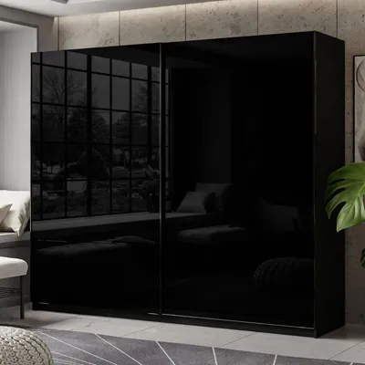 Produktbild von LINA Kleiderschrank Schwebetürenschrank Hochglanz Schwarz / Schwarz hochglanz 244 cm Schrankversion: Hochglanz