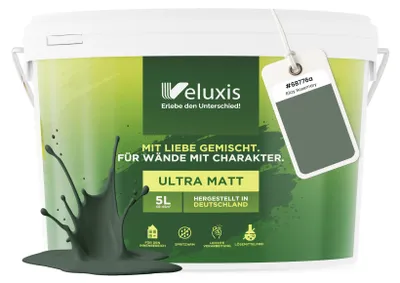 Produktbild von Wandfarbe Grün Grau Salbeigrün Matt Innenfarbe – Deckkraft Klasse 1, VOC-frei, Ohne Grundierung, Tropfarm – Wohnzimmer & Schlafzimmer – 5L – Veluxis (Ritzy Rosemary)