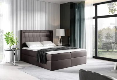 Produktbild von Boxspringbett Schlafzimmerbett STORM 200x200cm Kunstleder Schokoladenbraun inkl. LED