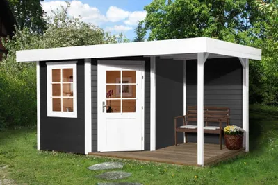 Produktbild von WEKA Komfort Designhaus 213 Plus A aus Holz Gartenhaus mit 28 mm Wandstärke Gartenhütte Fußboden inklusive Geräteschuppen 13,9 m² Flachdach