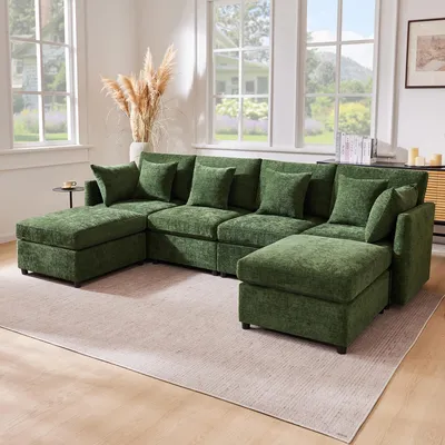 Image de Canapé modulaire d'angle, 4 à 6 places, convertible en U ou en L, avec 2 poufs et 6 coussins, ensemble de canapés en chenille, canapé classique, méridienne, vert