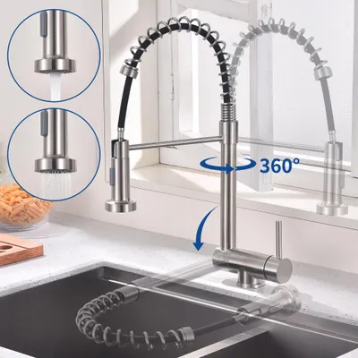 A kitchen faucet is shown in a sink, with close-up insets demonstrating water flow and spray patterns. The faucet is shown in multiple positions to illustrate its flexibility and 360-degree rotation.