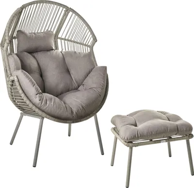 Obrázek produktu pro BELIANI Zahradní křeslo šedé umělý ratan s podnožkou bílý bavlněný podsedák moderní boho styl do interiéru i exteriéru
