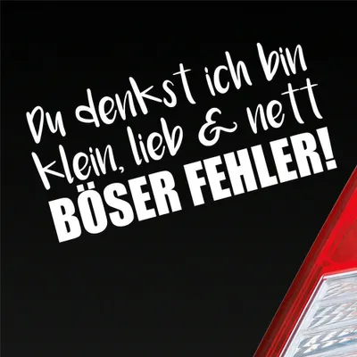 Produktbild von Auto Aufkleber Du denkst ich bin klein, lieb & nett Böser Fehler! 19,5x9,5 cm Weiss Glanz Sticker Heckscheibenaufkleber