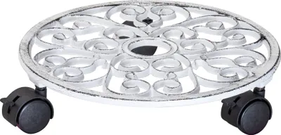 Produktbild von WAGNER Pflanzenroller ANTIK Ø 29 x 6,5 cm, außen & innen, Gusseisen, weiß, Bremsen, Tragkraft 50 kg - 20092301