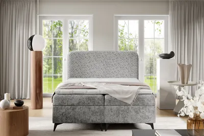 Produktbild von Boxspringbett FRANCIS mit Bettkasten Topper und Bonellmatratze Polsterbett aus Chenille-Stoff mit 13 cm Beinen Bett mit Stauraum (Hellgrau, 160x200 cm)