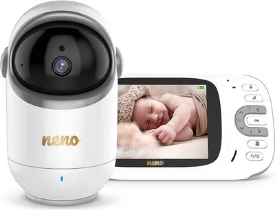 A white electronic baby monitor with a camera and a wireless receiver displaying a sleeping baby.