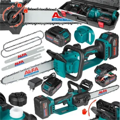 A collage of various components and models of cordless chainsaws, batteries, and chargers.