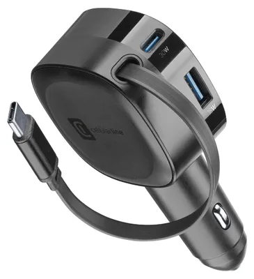 Immagine prodotto di Cellularline Retractable Car Charger Caricabatterie da auto 60W con cavo retrattile Nero
