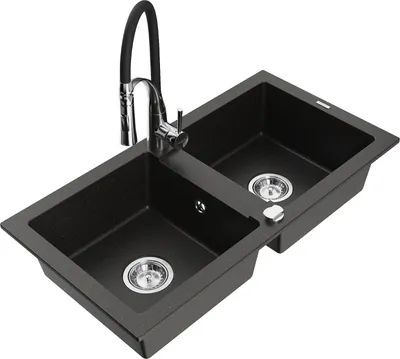 Produktbild von Mexen Mario 2-Becken-Granitspüle mit Mischbatterie Aster, Schwarz/Gold metallisch - 6504-75-73450-07