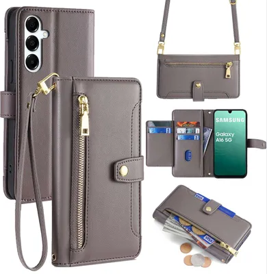 Produktbild von Handykette für Samsung Galaxy A16 Hülle mit Band Handyhülle Kartenfächer Kunstleder Umhängetasche in Grau