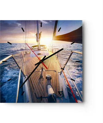 Produktbild von Wanduhr - Quadrat - Glasuhr - Segelboot Meer - 30x30cm - Schleichendes Uhrwerk - Lautlos - zum Aufhängen bereit - Dekoration Modern - Wanddekoration aus Glas - C3AC30x30-4076