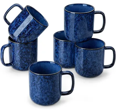 Productafbeelding van Koffiemokken set, 6 stuks, steengoed, 480 ml, blauw, sterrenmotief, geschikt voor magnetron, vaatwasserbestendig