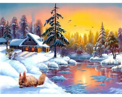 Productafbeelding van DIAMENTEN MOSAIK, WINTER, HUIS AAN HET MEER MET EEN EKHOORN, NO-2000736 - Norimpex