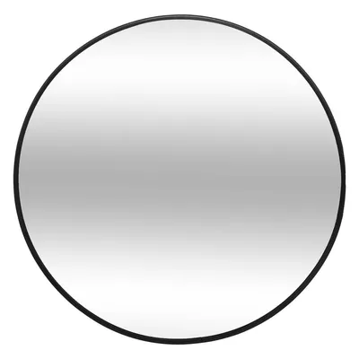 A round mirror with a black frame on a white background.