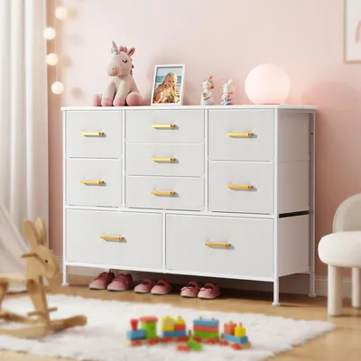 Produktbild von Groß Kommode mit 9 Stoffschubladen,Kommodenschrank für Schlafzimmer, Kommode Flur Wohnzimmer,mit Stabiler Metallrahmen,110x35x81cm Weiß