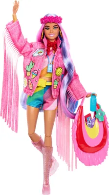 Produktbild von Reise-Barbie-Puppe im Wüstenlook, Barbie Extra Fly, Fransenjacke und übergroße Tasche