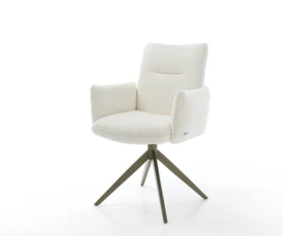 Produktbild von DELIFE Drehstuhl Jova-Flex mit Armlehnen Bouclé Weiß Kreuzgestell breit Effektfinish Titan 360° drehbar Taschenfederkern