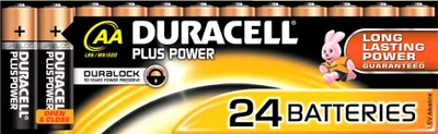 A package of Duracell Plus AA batteries with a prominent brand logo and product information.