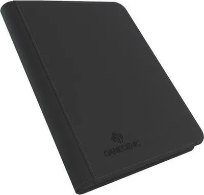 A black zip-up ring binder is shown against a white background.