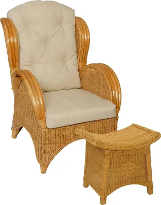 Produktbild von KRINES HOME Ohrensessel bequem und breit Hochlehnsessel aus Rattan / Fernsehsessel Wohnzimmer / Rattanmöbel (Honig mit Hocker)