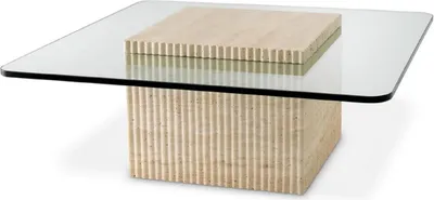 Produktbild von Casa Padrino Luxus Travertin Couchtisch Beige 90 x 90 x H. 35 cm - Quadratischer Naturstein Wohnzimmertisch mit Glasplatte - Wohnzimmer Möbel - Luxus Möbel - Luxus Einrichtung