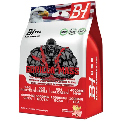 Produktbild von Gorilla Mass Gainer 4000g Banane-Erdbeere – 94g Protein mit Creatin, BCAA & Glutamin für Muskelaufbau, Masse & Fitness | Black Hammer USA