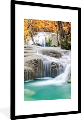 Produktbild von MuchoWow® Gerahmtes Poster Wald - Wasserfall - Herbst 60x90 cm - Poster mit Schwarzem Bilderrahmen Wandposter Rahmen Foto Bilder - Dekoration - Wandposter Wohnzimmer - Hochwertig