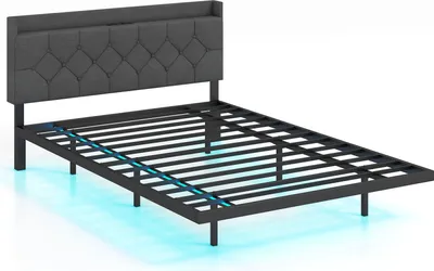 Produktbild von GOPLUS Metallbett 140x200 mit LED-Beleuchtung & Ladefunktion, Doppelbett mit verstellbarem gepolstertem Kopfteil & Lattenrost, Polsterbett, Jugendbett, Ohne Matratze