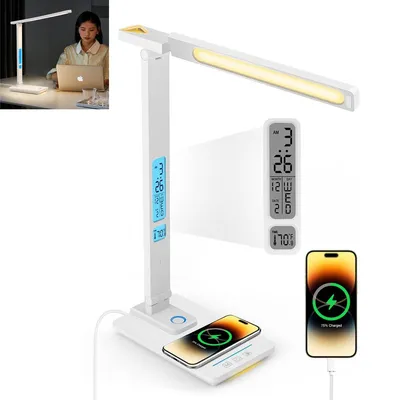 Produktbild von LED Schreibtischlampe, 10W Qi Wireless Schnellladen, Faltbar, 5 Farbtemperaturen, Touch-Dimmer, Uhr & Kalender, Nachttischlampe