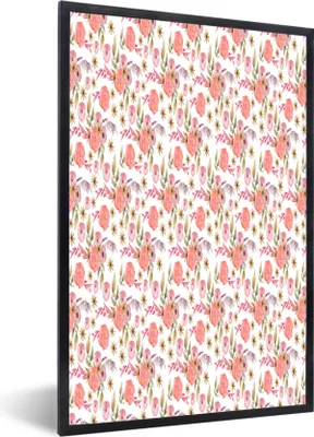 Produktbild von MuchoWow® MuchoWow® Gerahmtes Poster Blumen - Rosa - Collage - Aquarell 60x90 cm - Poster mit zchwarzem Bilderrahmen - Kunst