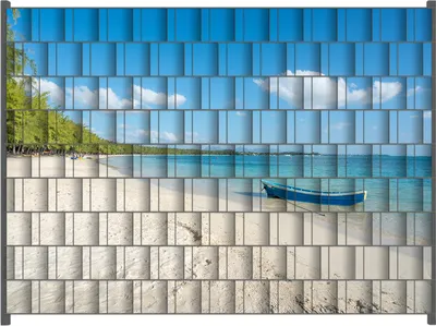 Produktbild von Wallario Zaunsichtschutz mit Motiv Boot an einem tropischen Strand für Ein- und Doppelstabmatten Zäune in der Größe 250 x 180 cm