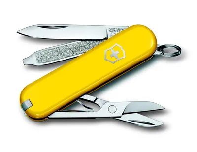 Produktbild von Victorinox Classic SD, Messer mit Feststellklinge, Multi-Tool-Messer, Absetzpunkt, ABS Synthetik, Gelb, 7 Werkzeug