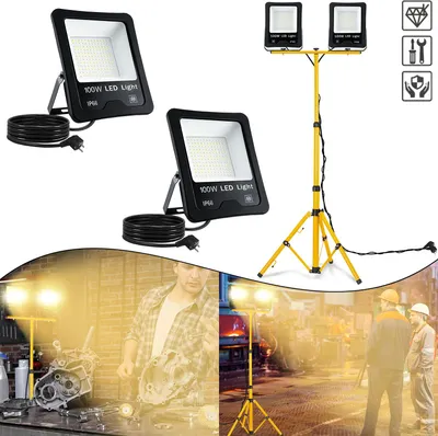 Obrázek produktu pro XINZI 2*100W LED reflektor teplá bílá se žlutým stativem - LED reflektor, 3m kabel, nastavitelný stativ, pro zahradu, garáž, sportoviště