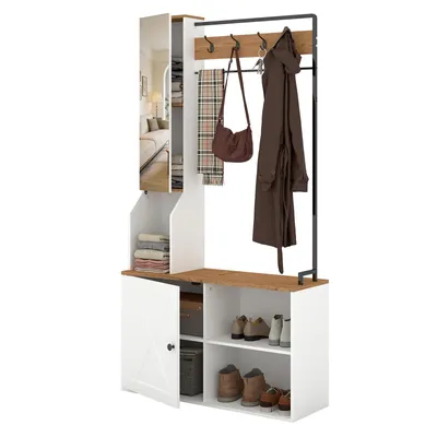 Productafbeelding van Puluomis Garderobekast met spiegel en schoenenbank, multifunctionele kledingrek met opbergplank, 4 dubbele haken, 90 cm, wit