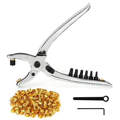 Produktbild von Kurtzy Lochzange-Ösen Set mit 100 Goldenen Ösen - 20,5 cm Lochzange für Leder & Stoff - 8,5 mm Metallösen