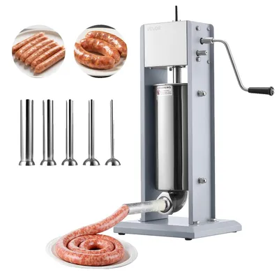 Image de VEVOR Poussoir à saucisse manuel 5 L, poussoir à saucisse vertical à deux vitesses (rapide/lent) avec 5 tubes de remplissage et poignée, poussoir à viande en acier inoxydable pour usage commercial et privé