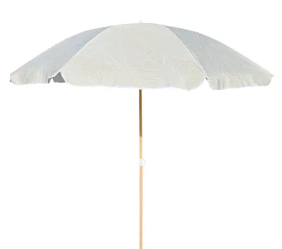 A beach umbrella with a wooden pole against a white background.