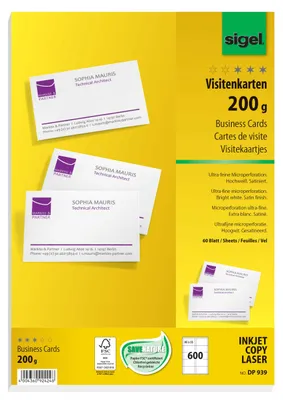 Produktbild von SIGEL DP939 Visitenkarten, microperforiert, satiniert200 g/m², hochweiß, 600 Stück