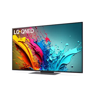 A modern LG QNED television displaying a colorful abstract image.