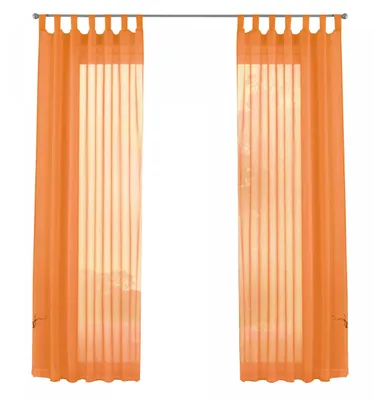Two orange sheer curtains hanging from a rod.