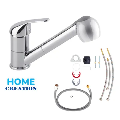 A kitchen faucet with its accessories laid out on a white background.
