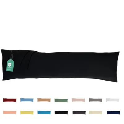 A long black body pillow is shown against a white background, with a small green tag attached to the left end.