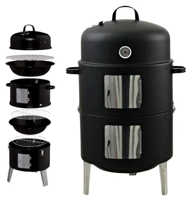 Produktbild von RS 400 - Smoker zum Grillen – 3-in-1 Holzkohlegrill mit Deckel zum Räuchern, Grillen und Garen (Wasserschale, 2 Grillroste, Räucherhaken, Temperaturanzeige) - Räuchertonne für Garten und Camping