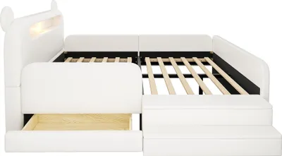 Produktbild von Merax Polsterbett 140x200cm Bären-Kopfteil und Nachtlicht, Kinderbett mit USB und Stufensitz, Einzelbett mit Stauraum aus Kunstleder, Weiß