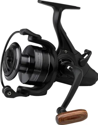 A black fishing reel with a wooden handle is shown against a white background.