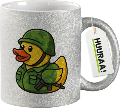 Produktbild von Huuraa Glitzertasse Quietscheente Soldat Gummiente Bundeswehr 330ml Silber Keramik Kaffeebecher Geschenkidee